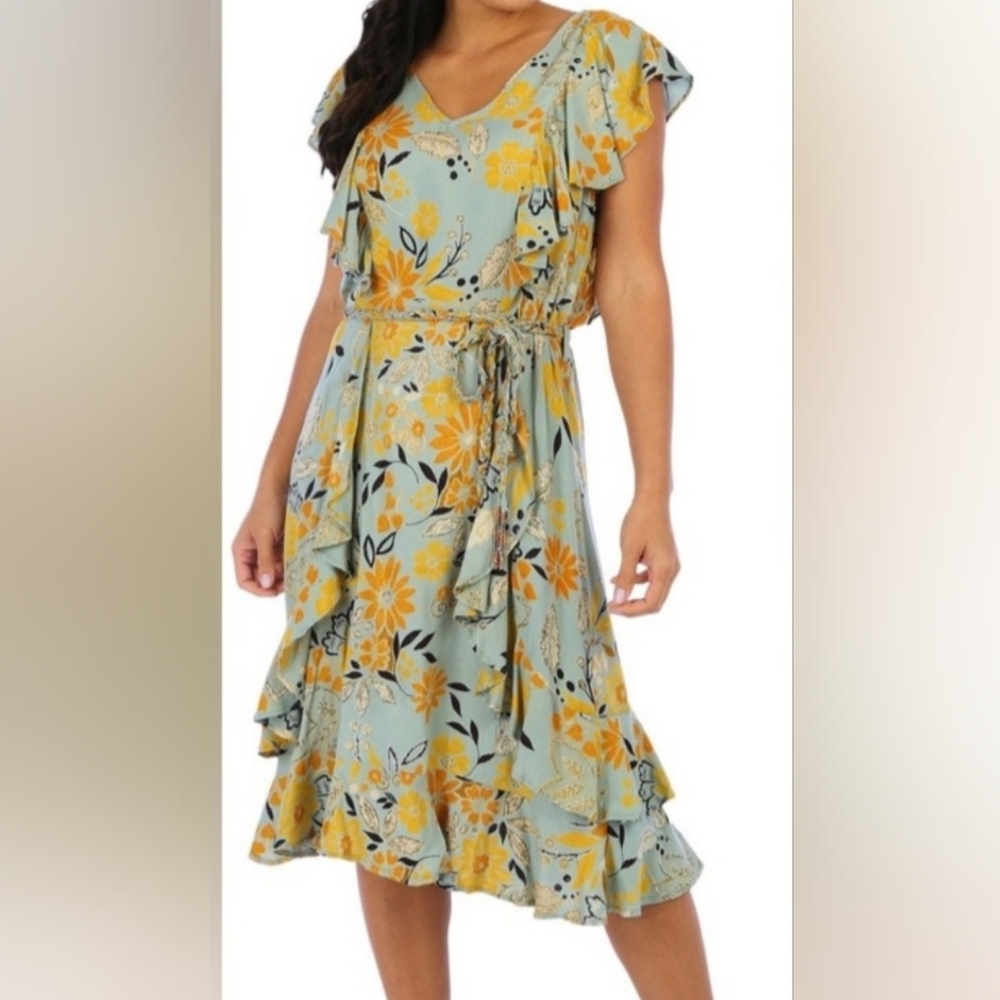 Asymmetrical Blue Midi Sundress with Flutter Sleeves and V-Neck S,M size